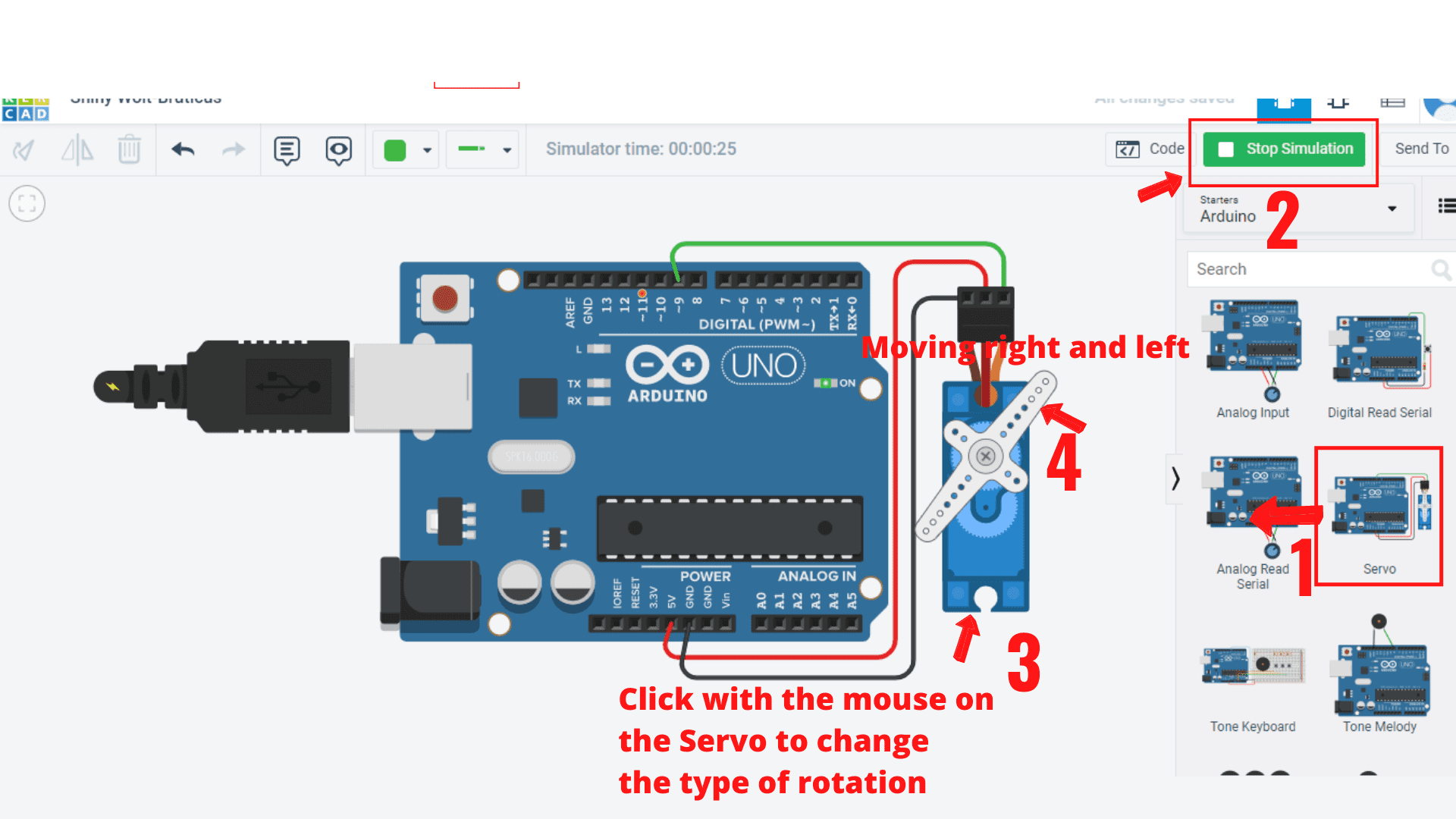 Click with the mouse on  the Servo to change  the type of rotation