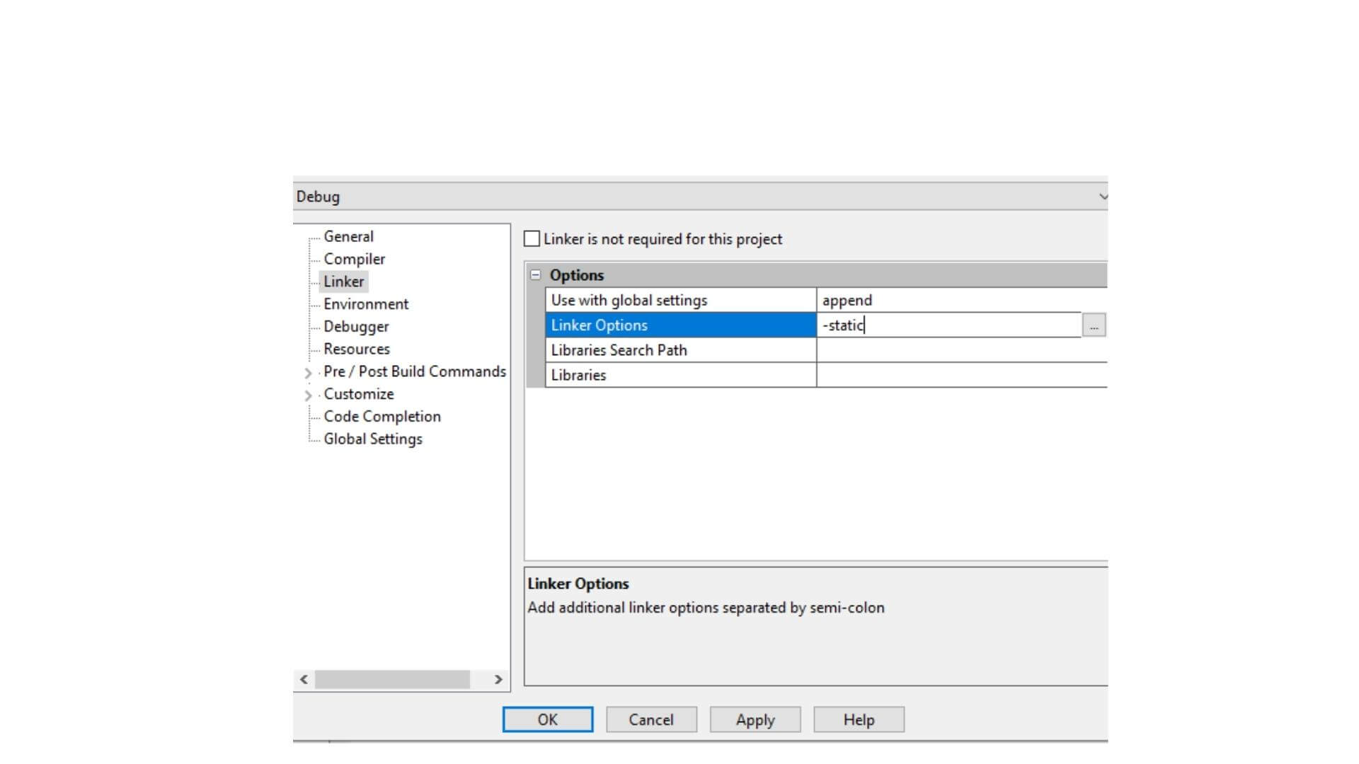 configure linker option to codelite ide